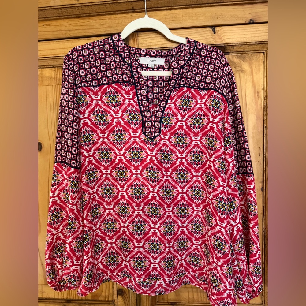 LOFT Red and Black Geometric Blouse